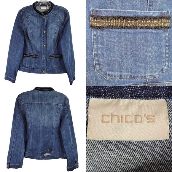Chico's Platinum Jean Jacket Denim Blue Fringe Trim Size 1 US Medium M Boxy - Picture 1 of 12
